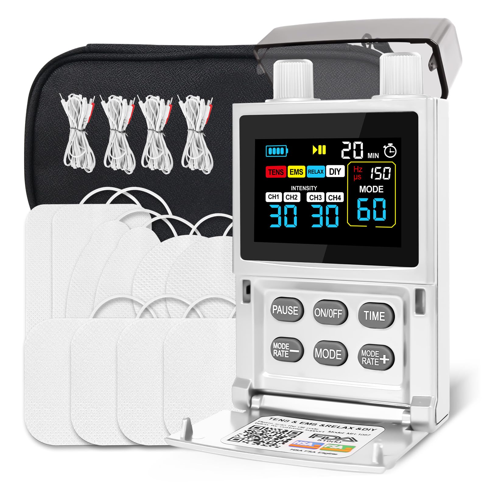 TENS Unit EMS Muscle Stimulator for Pain Relief, 4-Channel 4-in-1 Pulse Massager, 60 Modes, 30 Intensity Levels, Color LCD, Type-C Rechargeable, 10 Pads for Back Neck Shoulder Sciatica